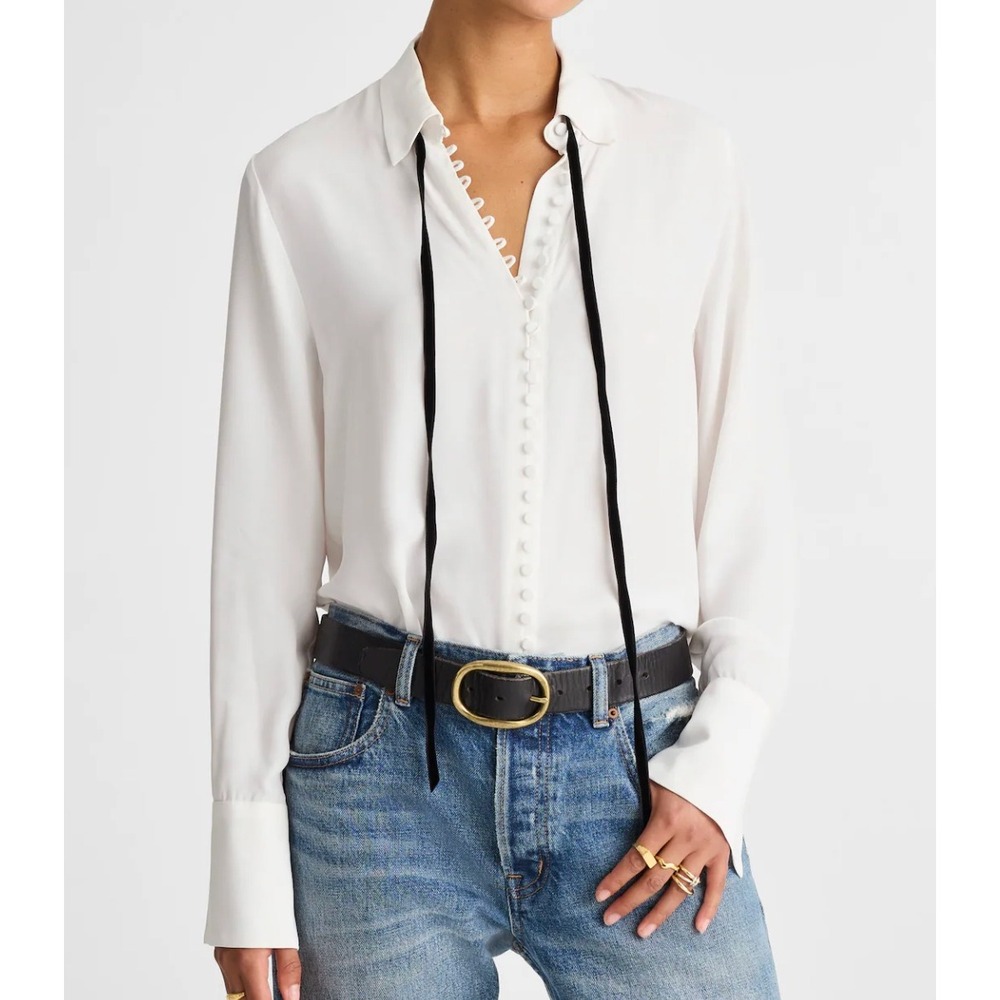 Madewell Necktie Button-Up Top Women M Winter White Velvet Tie Coquette Classic